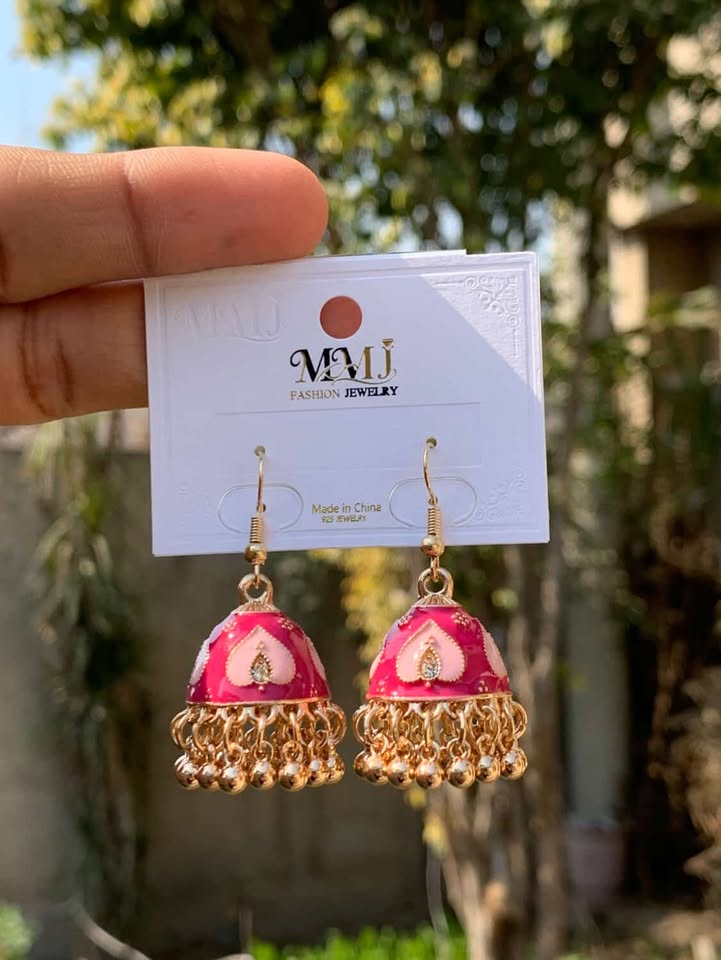 Heart Motif Enamel Jhumka Earrings