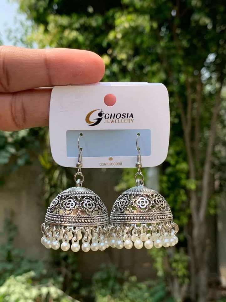 Antique Silver Floral Jhumka with Pearl Drops