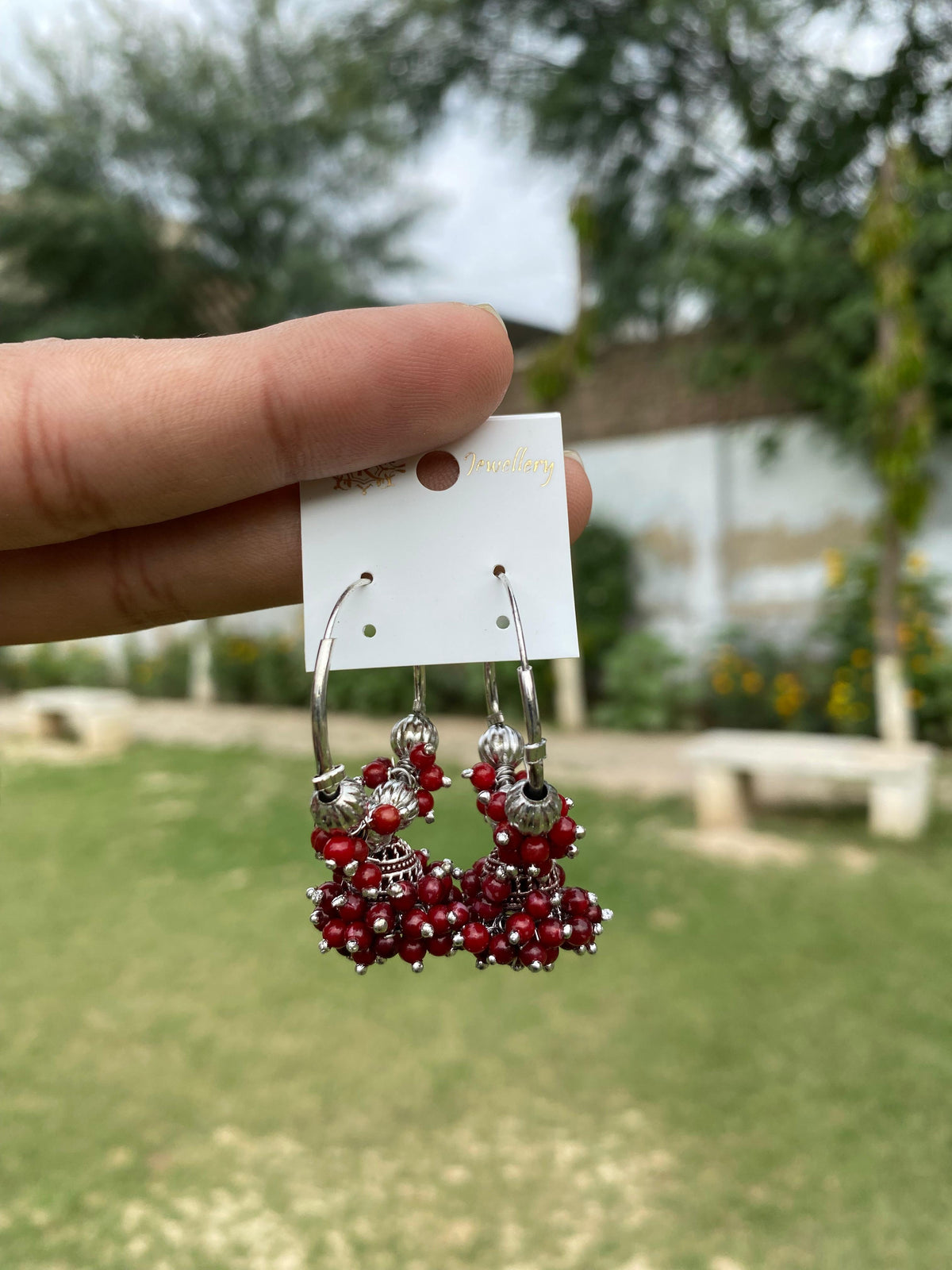 Oxidized Silver Beaded Hoop Jhumka