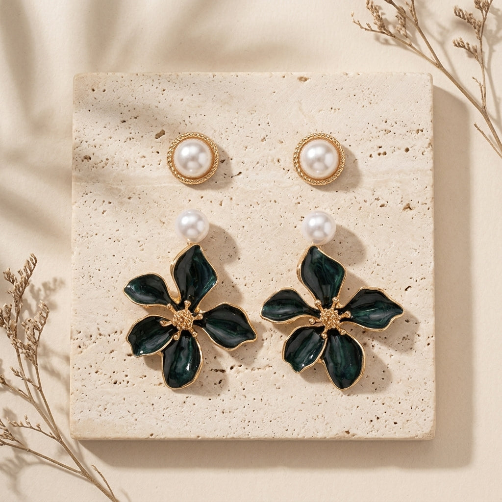 Midnight Bloom & Pearl Stud Set