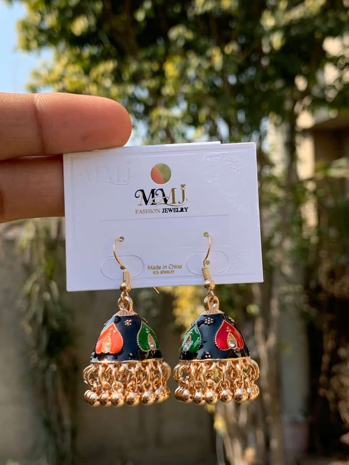 Heart Motif Enamel Jhumka Earrings