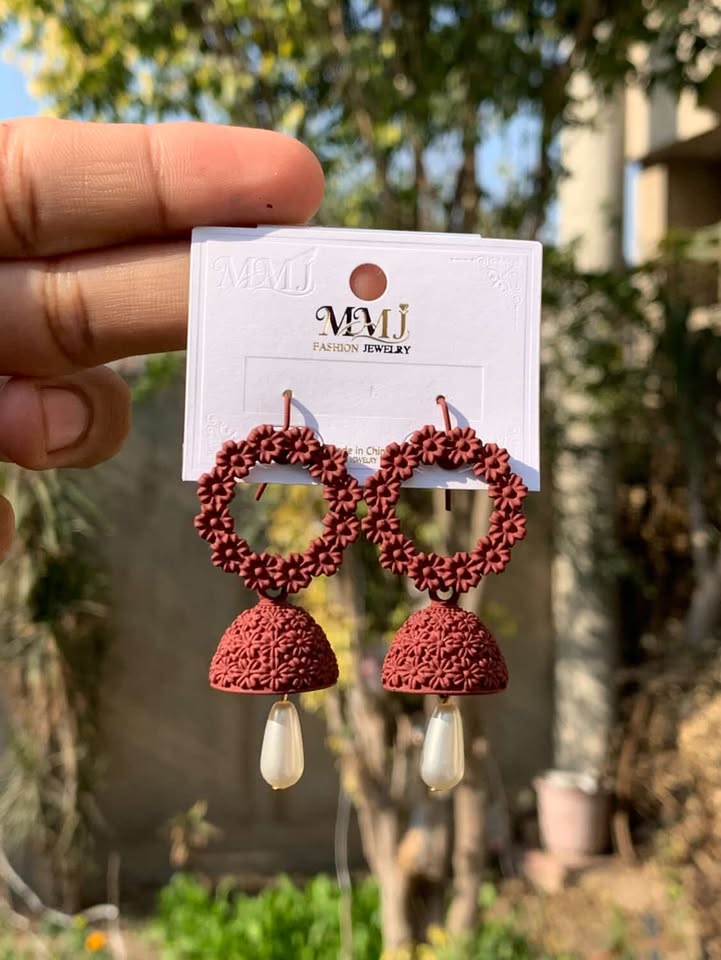 Matte Floral Hoop Jhumkas with Pearl Drop
