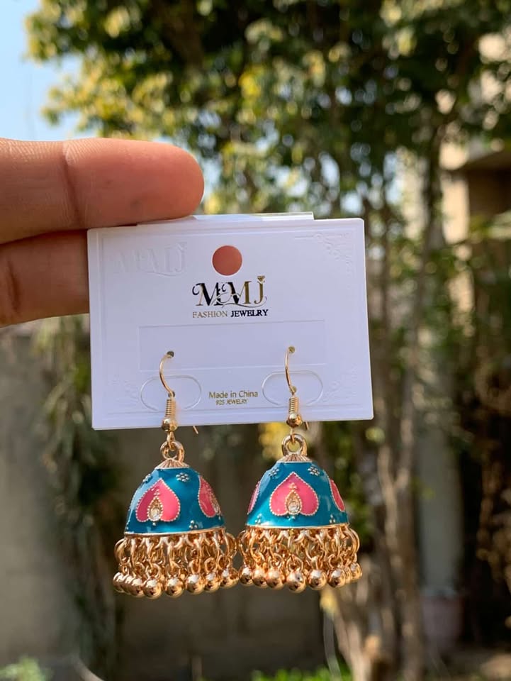 Heart Motif Enamel Jhumka Earrings
