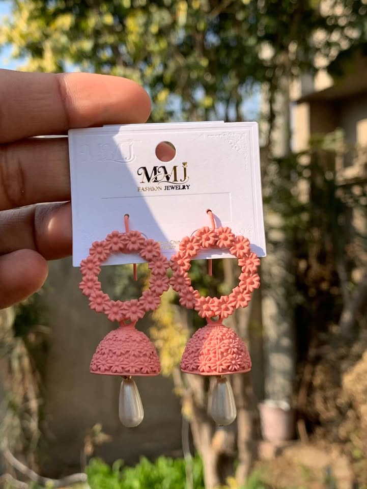 Matte Floral Hoop Jhumkas with Pearl Drop