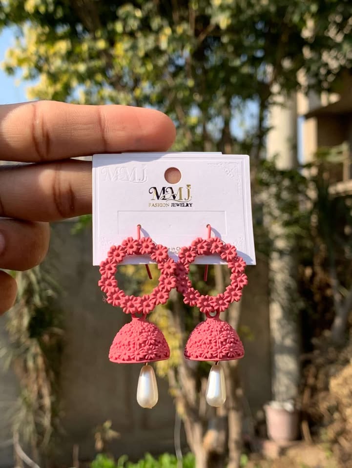 Matte Floral Hoop Jhumkas with Pearl Drop