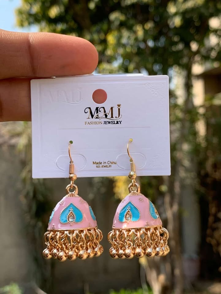 Heart Motif Enamel Jhumka Earrings