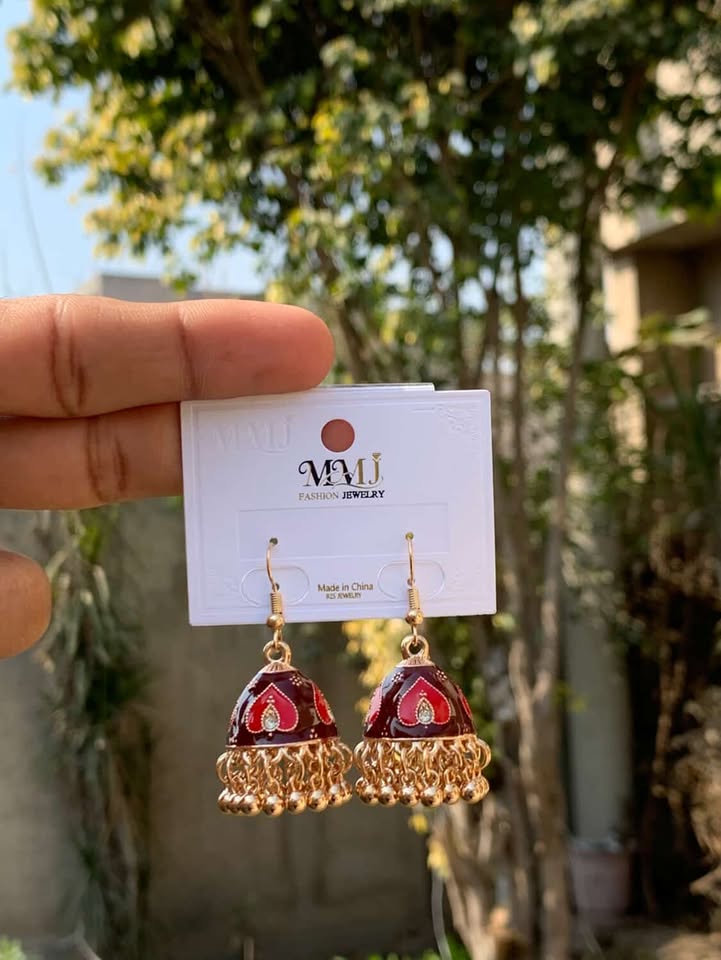 Heart Motif Enamel Jhumka Earrings