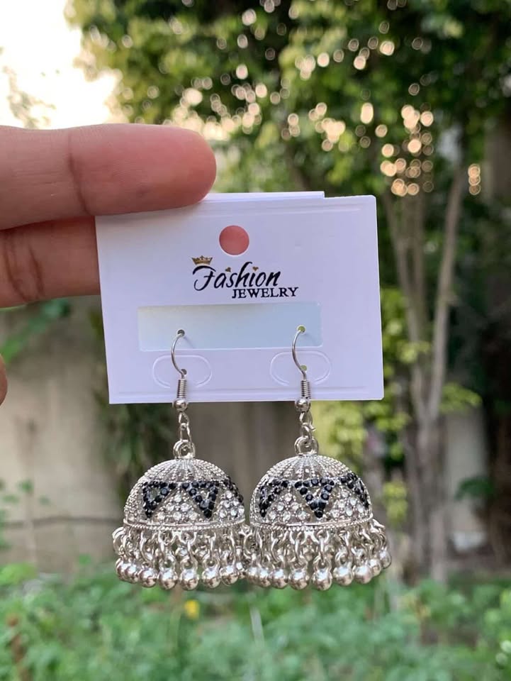 Silver Chevron Crystal Jhumka