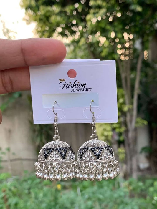 Silver Chevron Crystal Jhumka