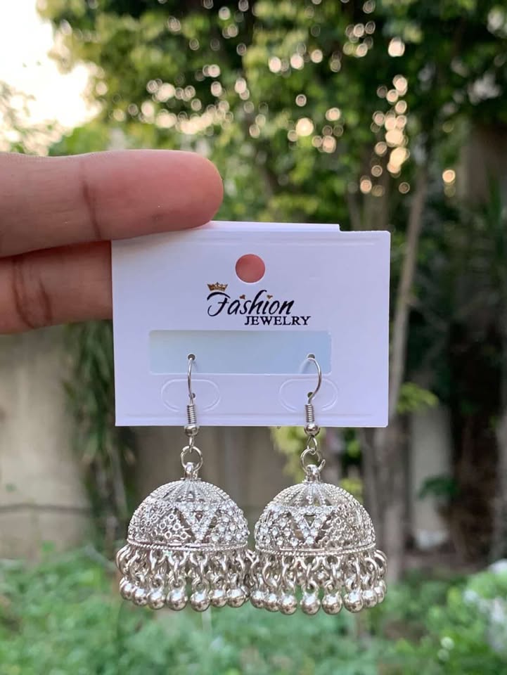 Silver Chevron Crystal Jhumka