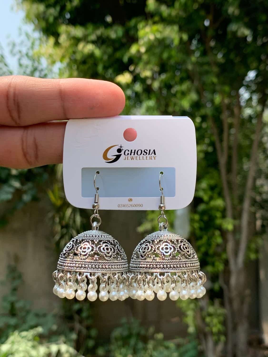Antique Silver Floral Jhumka with Pearl Drops