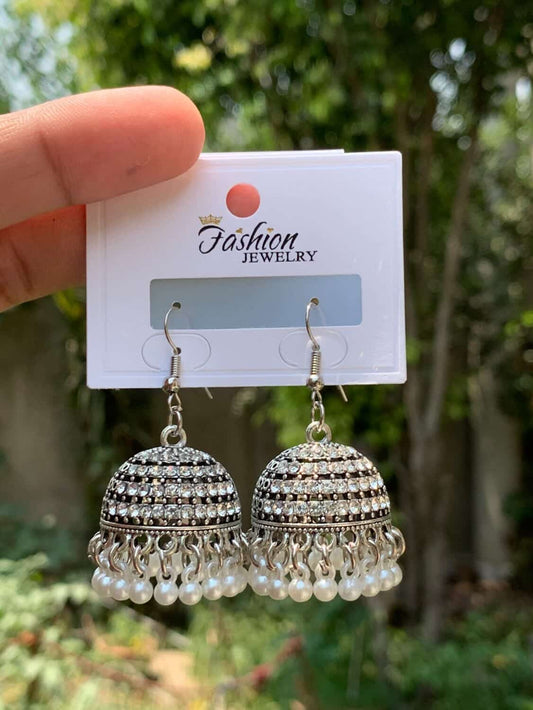Silver Crystal Galaxy Jhumka with Pearl Drops