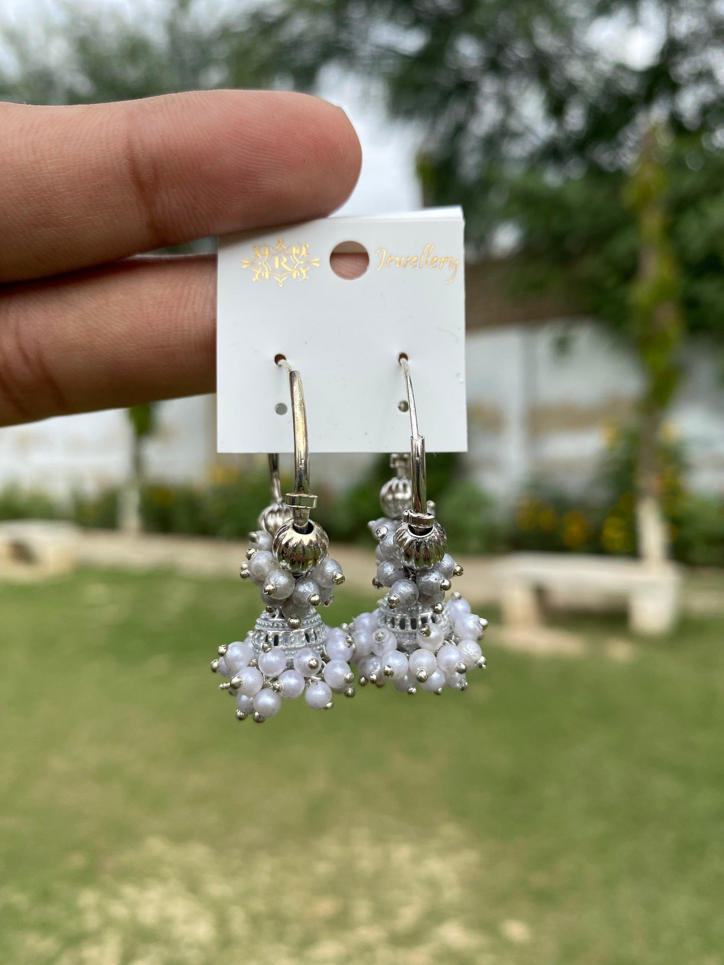 Oxidized Silver Beaded Hoop Jhumka
