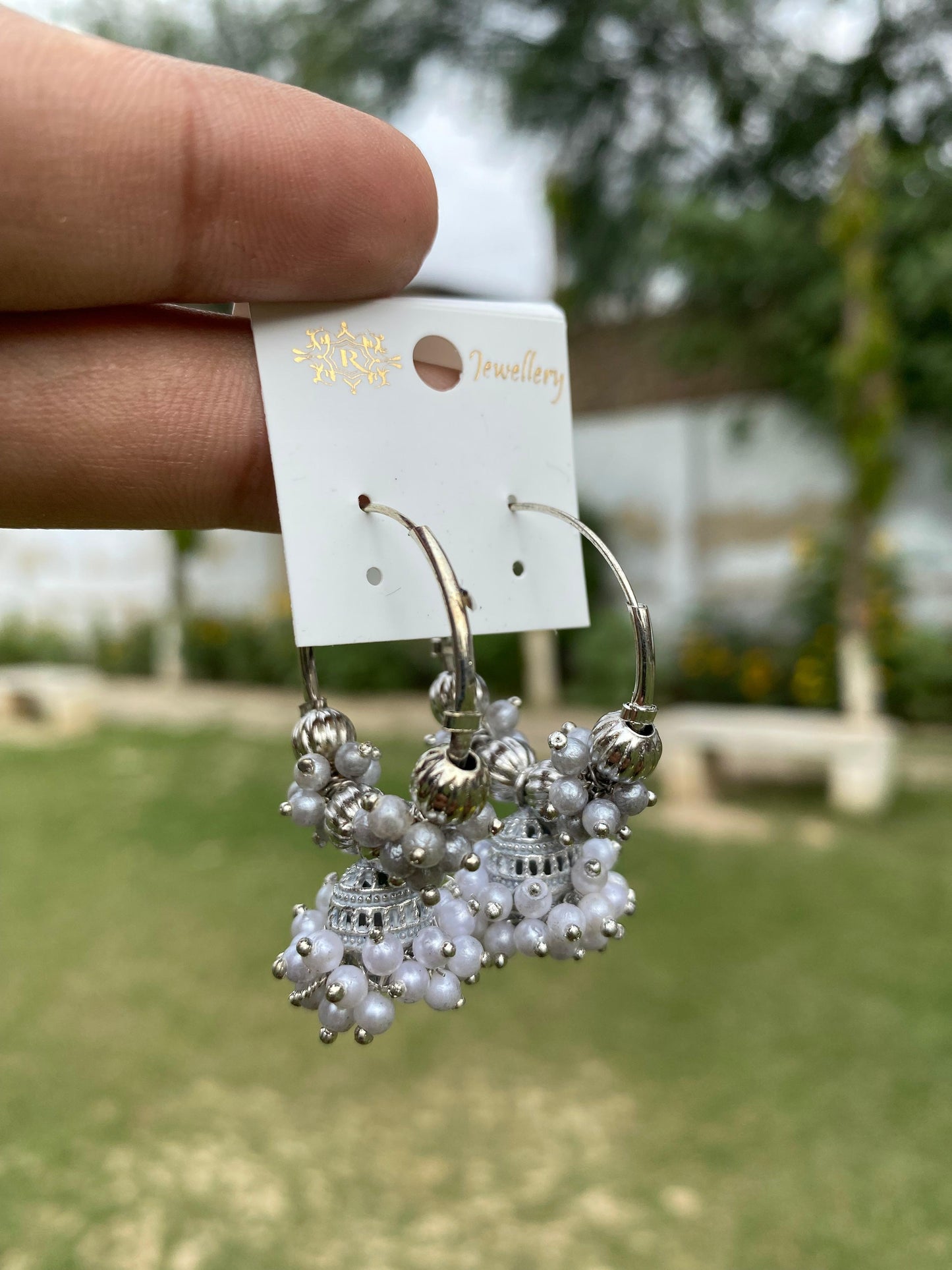 Oxidized Silver Beaded Hoop Jhumka