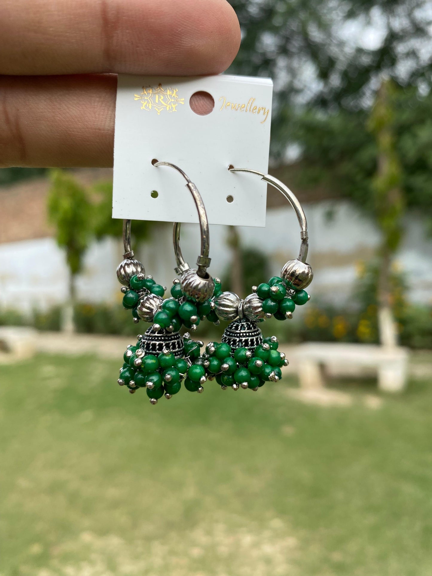 Oxidized Silver Beaded Hoop Jhumka