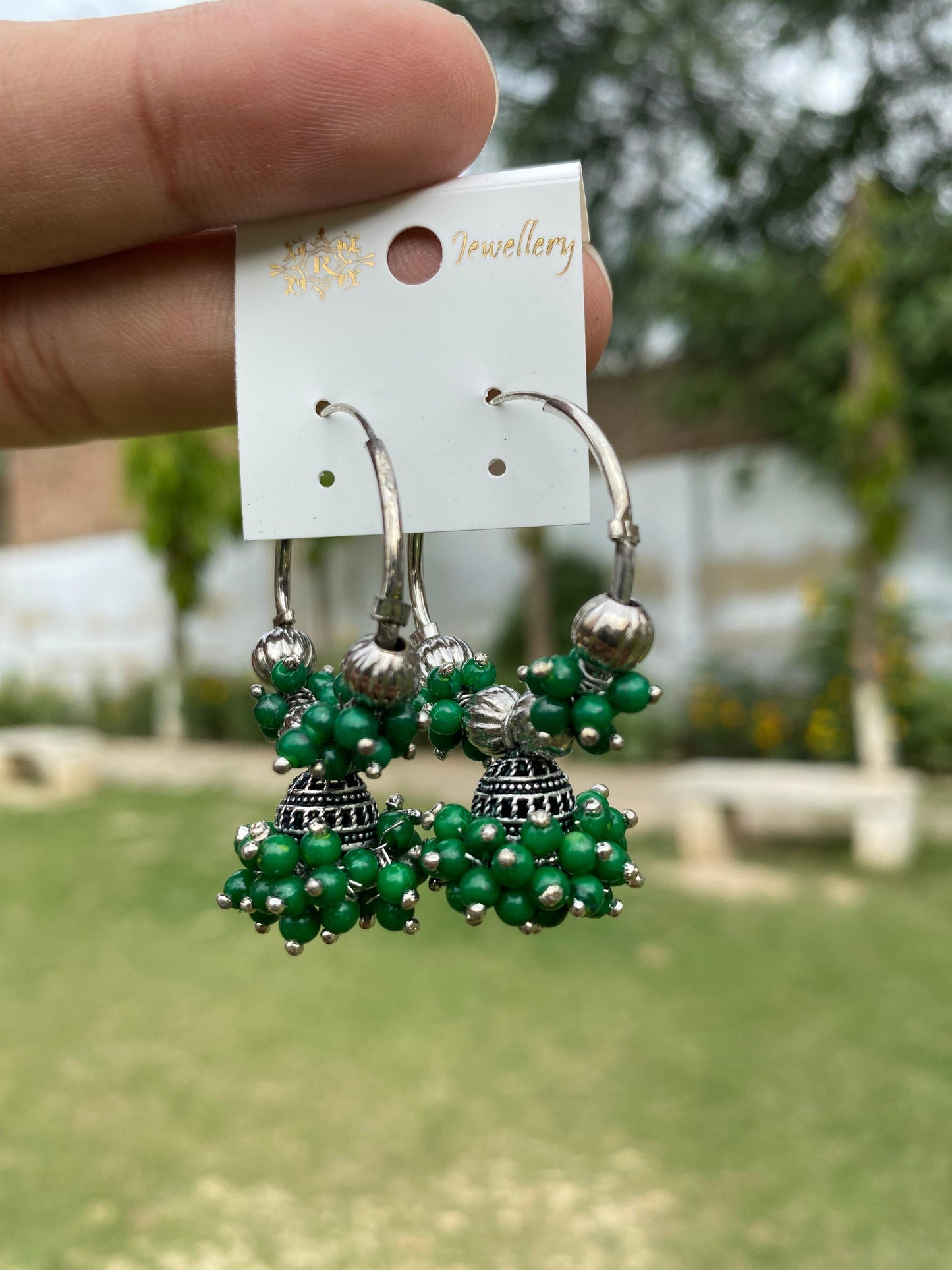 Oxidized Silver Beaded Hoop Jhumka