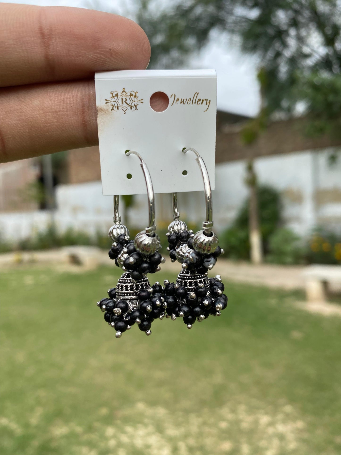 Oxidized Silver Beaded Hoop Jhumka