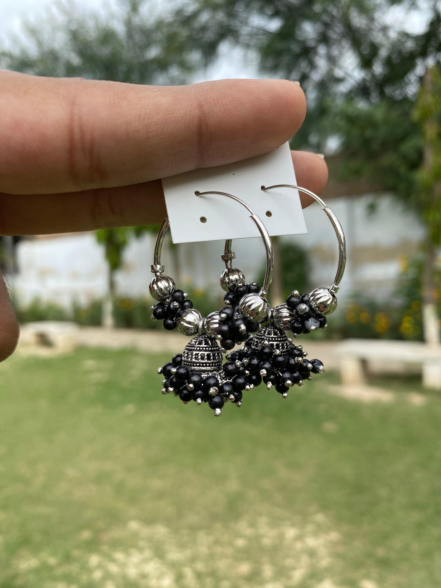 Oxidized Silver Beaded Hoop Jhumka