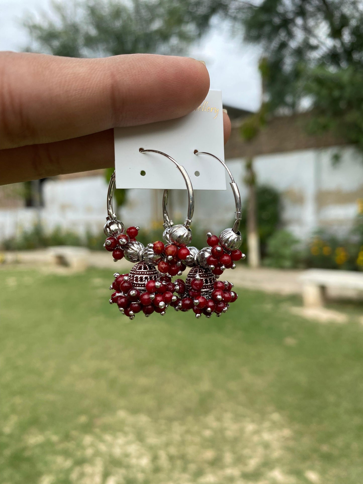 Oxidized Silver Beaded Hoop Jhumka