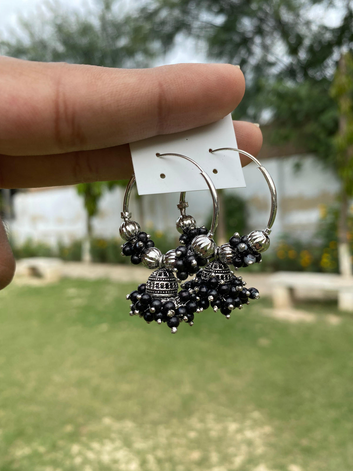 Oxidized Silver Beaded Hoop Jhumka