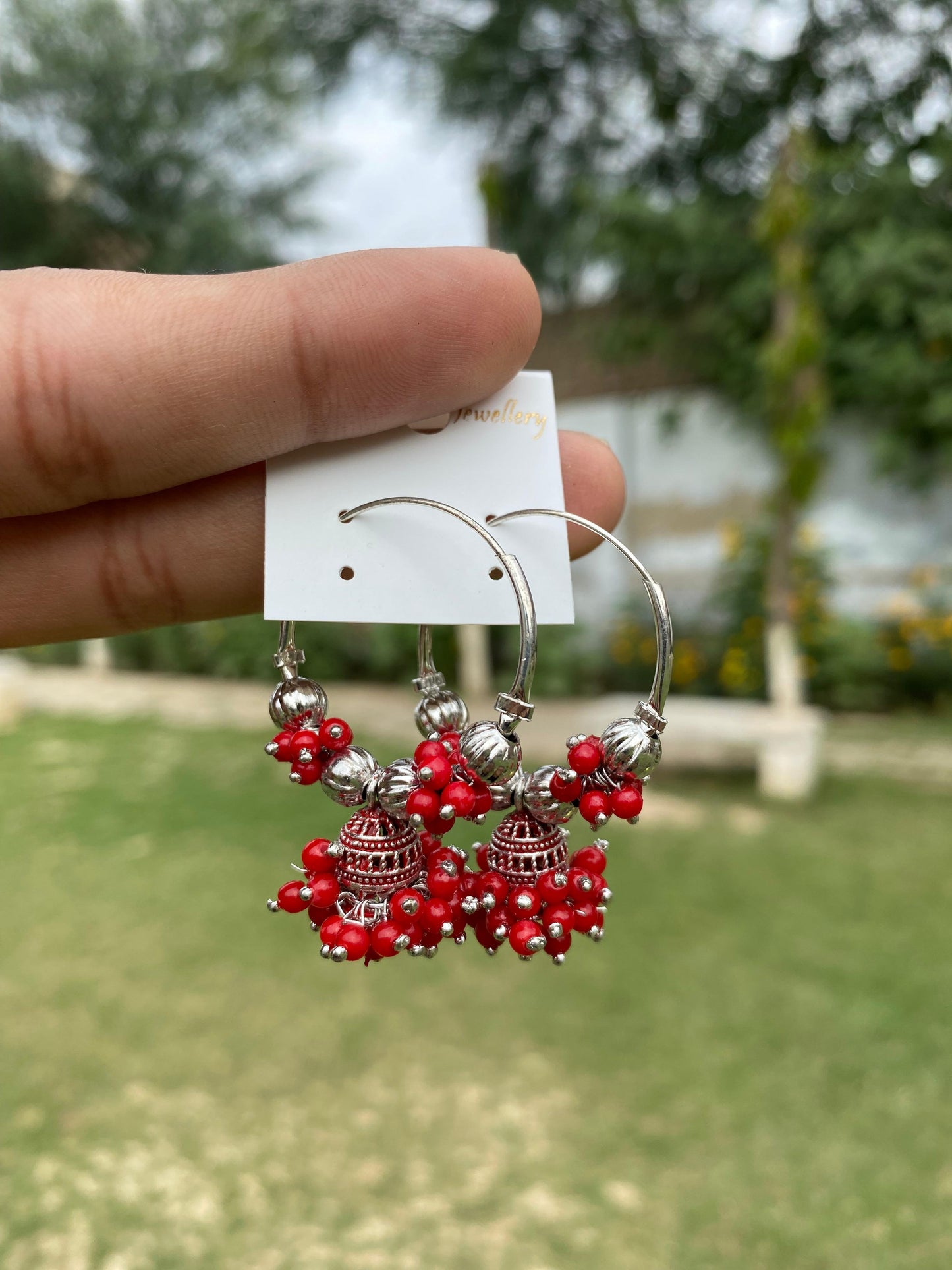 Oxidized Silver Beaded Hoop Jhumka
