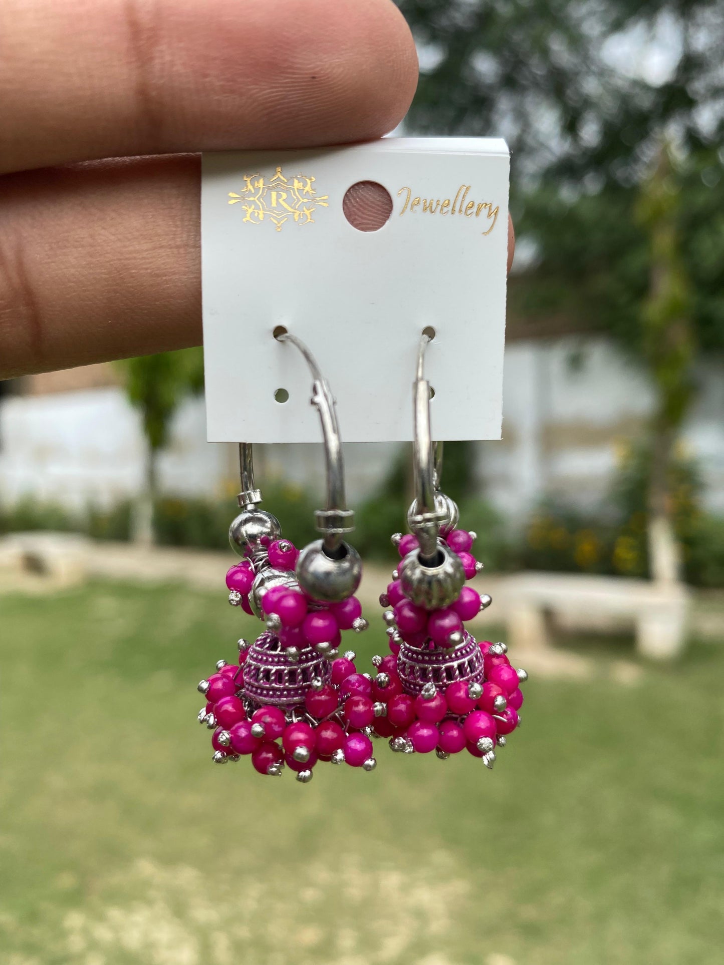 Oxidized Silver Beaded Hoop Jhumka